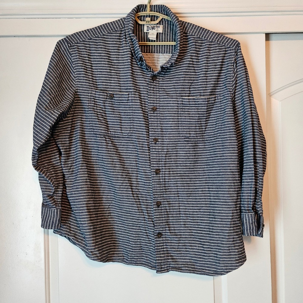 Duluth Trading Striped Long Sleeve Shirt Mens 3XL Blue White Cotton Coastal